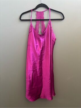Lilac and London Silky Lace-Back Chemise Slip in Fuchsia